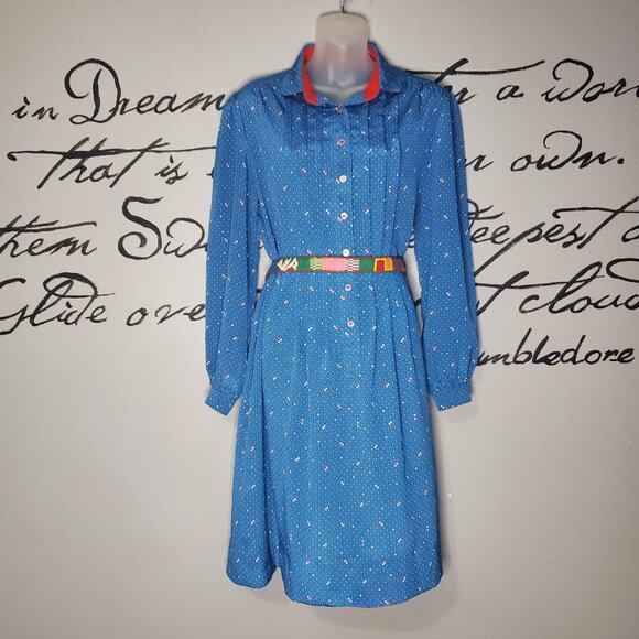Vintage 80s Schrader Sport Blue Patterned Day Dress, Shirt Dress, 12 - Picture 1 of 8